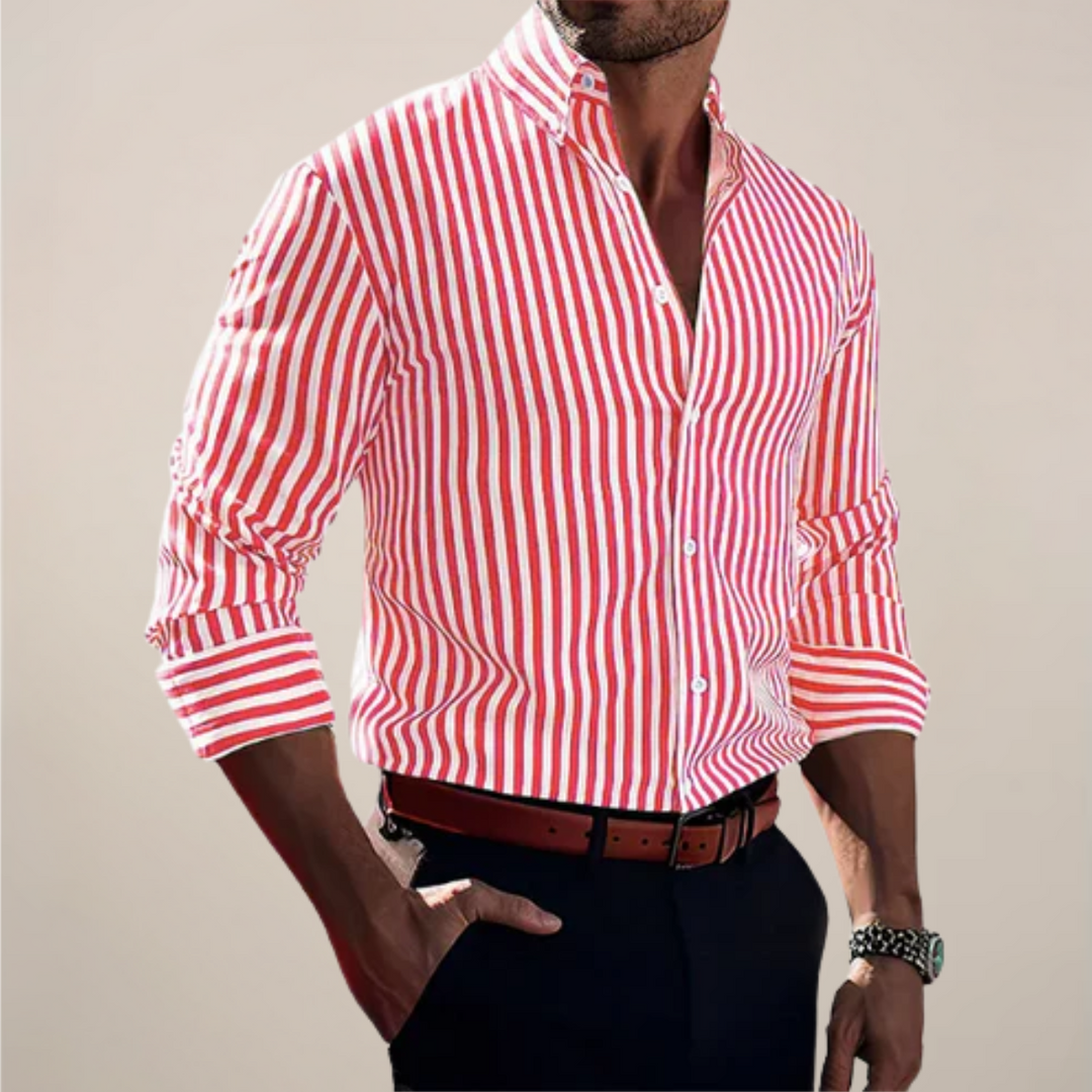 Classic men's striped long sleeve shirt, ideal for smart casual style or office wear. Elegant button-up.
