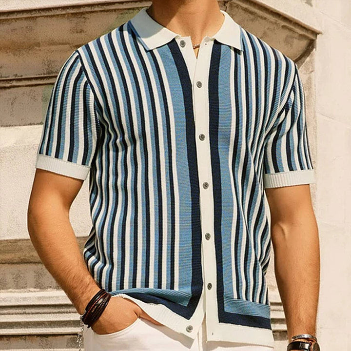 Men's classic striped polo shirt. Short sleeve, button placket. Smart casual, versatile for summer fashion. Relaxed fit.