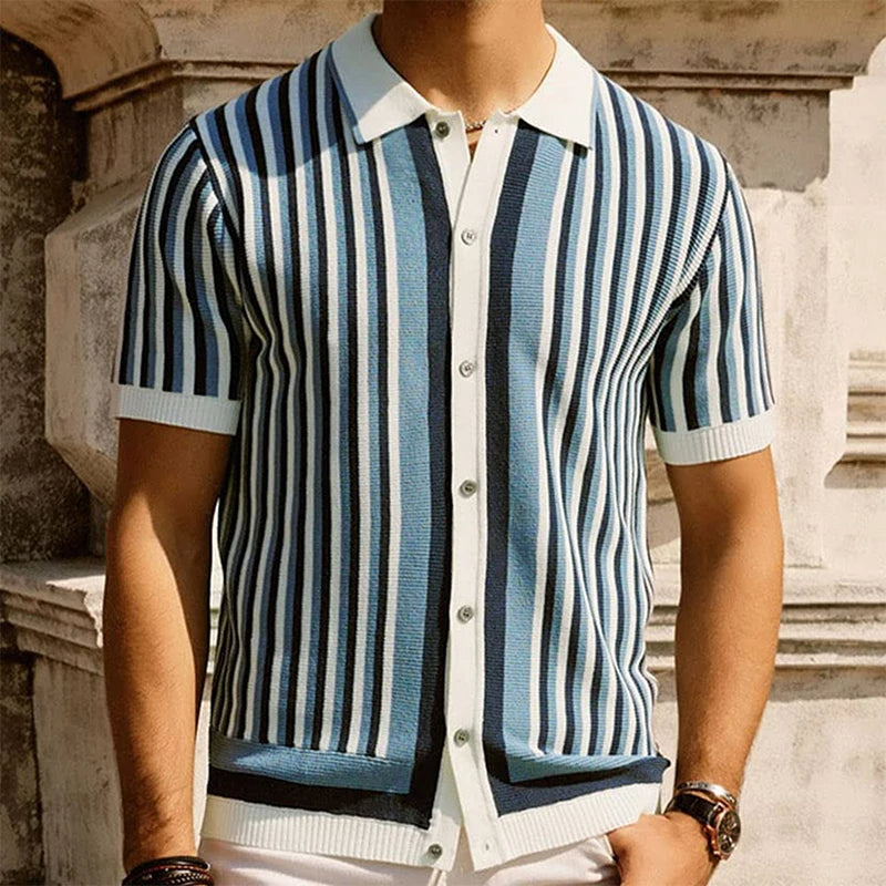 Close-up of men's striped polo shirt fabric. Soft, breathable, classic style for summer comfort & versatile smart casual wear.
