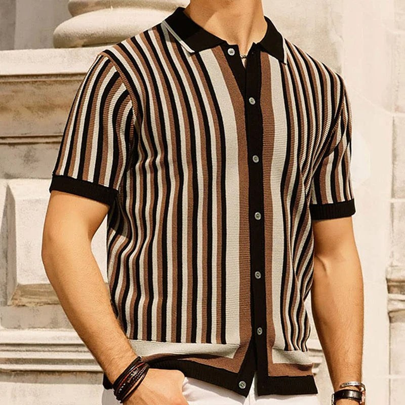 Man in a relaxed fit men's striped polo shirt. Short sleeve, perfect for smart casual summer style & versatile fashion.