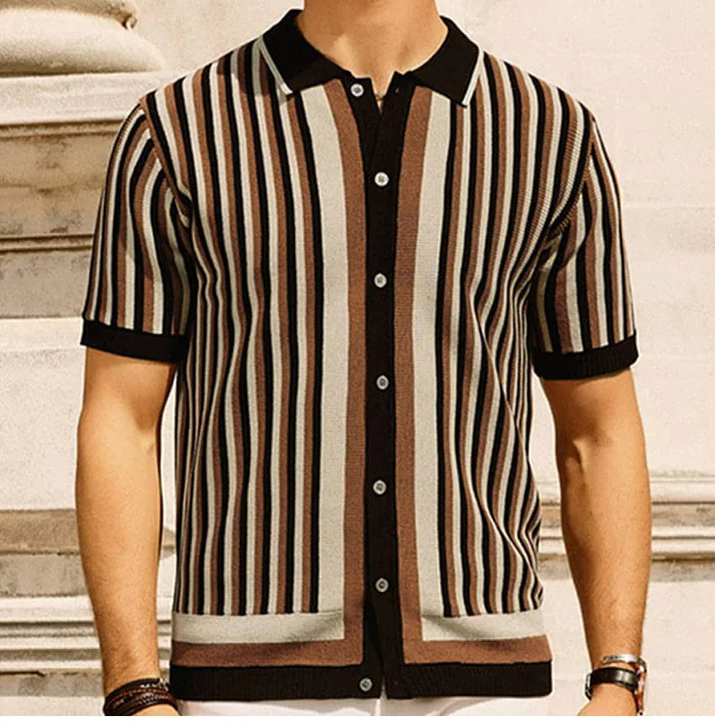 Back view of men's short sleeve striped polo shirt. Classic design, comfortable and versatile for everyday summer wear.
