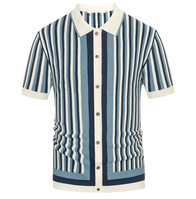Detail of men's striped polo shirt with button placket & collar. Premium details, smart casual, classic comfort.