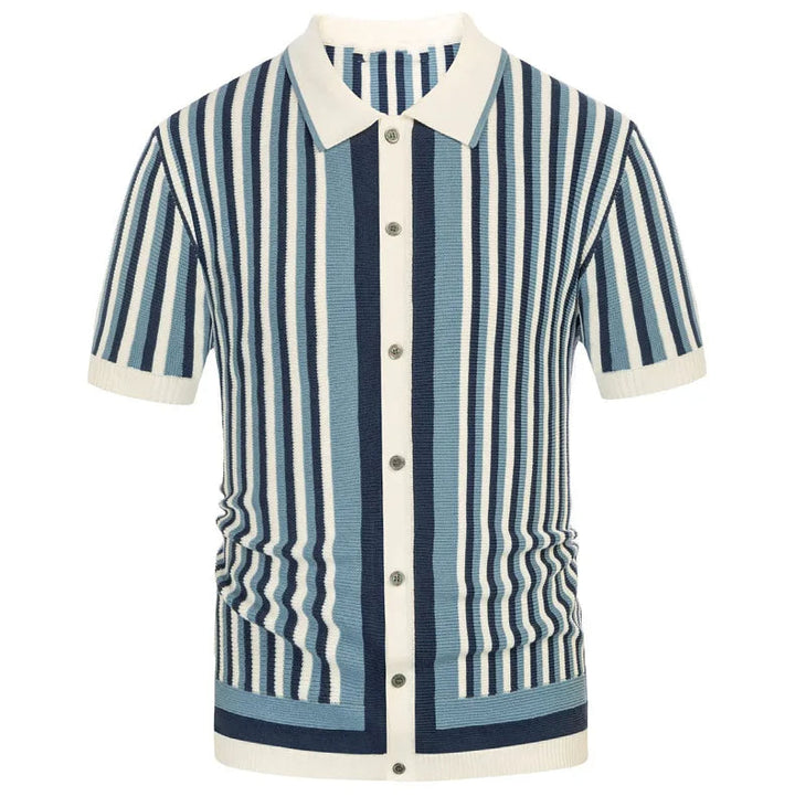 Detail of men's striped polo shirt with button placket & collar. Premium details, smart casual, classic comfort.