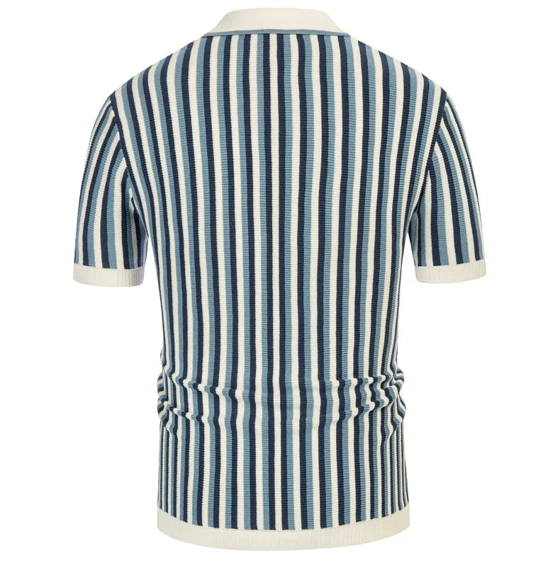 Versatile men's striped polo shirt on model. Short sleeve, smart casual, ideal for summer outfits and relaxed fashion.