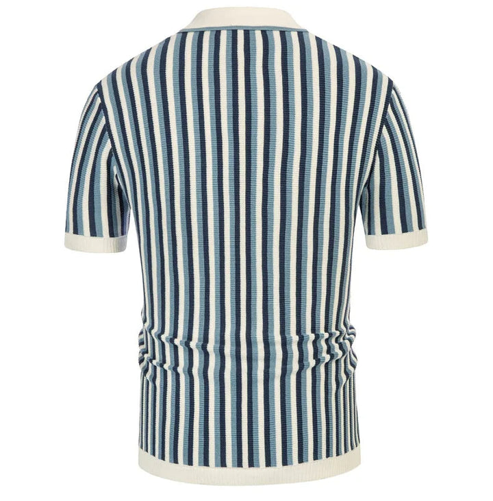 Versatile men's striped polo shirt on model. Short sleeve, smart casual, ideal for summer outfits and relaxed fashion.
