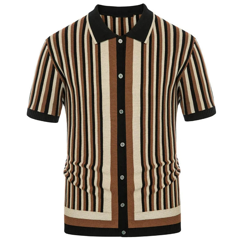 Folded men's striped polo shirt. Classic comfort, short sleeve, versatile style for smart casual summer fashion.
