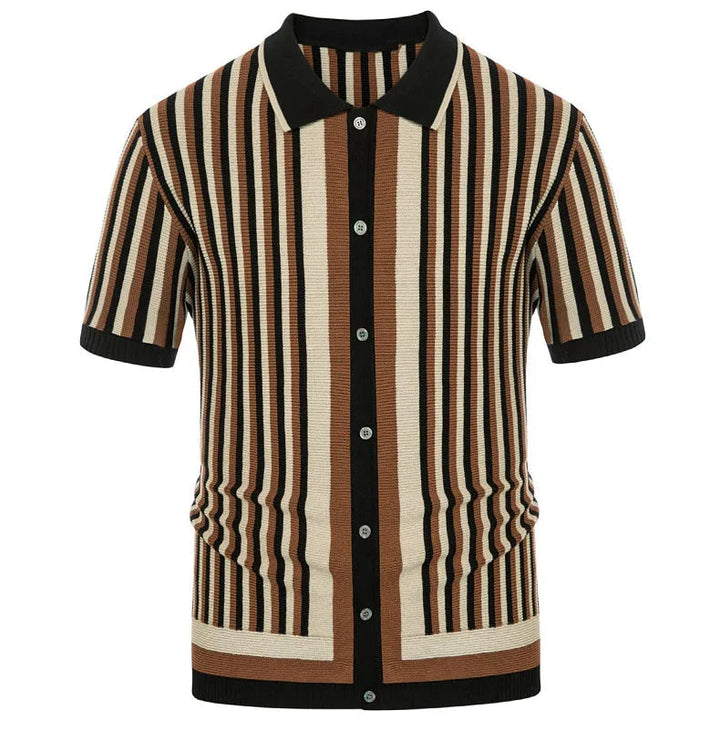 Folded men's striped polo shirt. Classic comfort, short sleeve, versatile style for smart casual summer fashion.