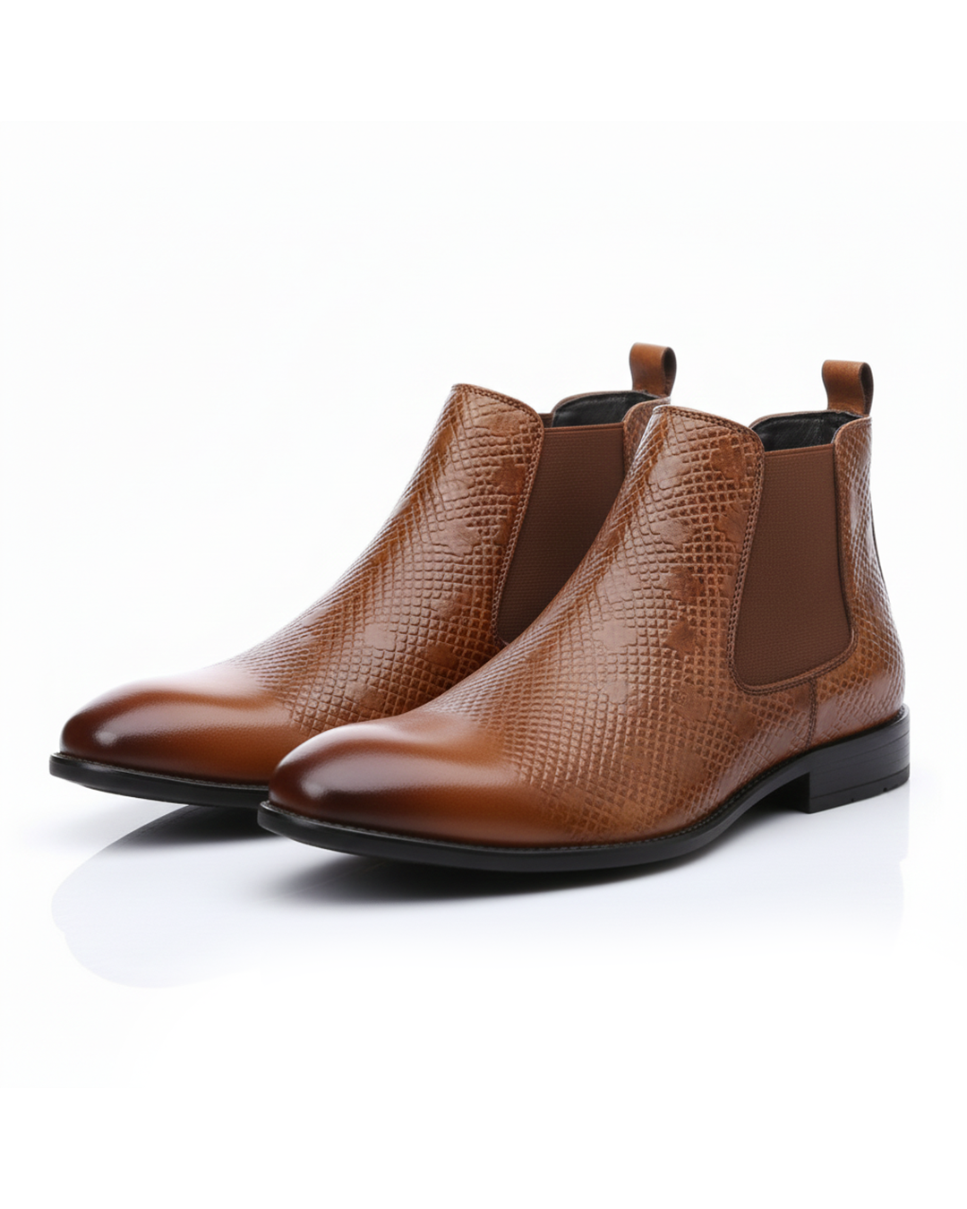 Men's classic tan leather Chelsea boots with elastic side panels, perfect for casual or dress wear.