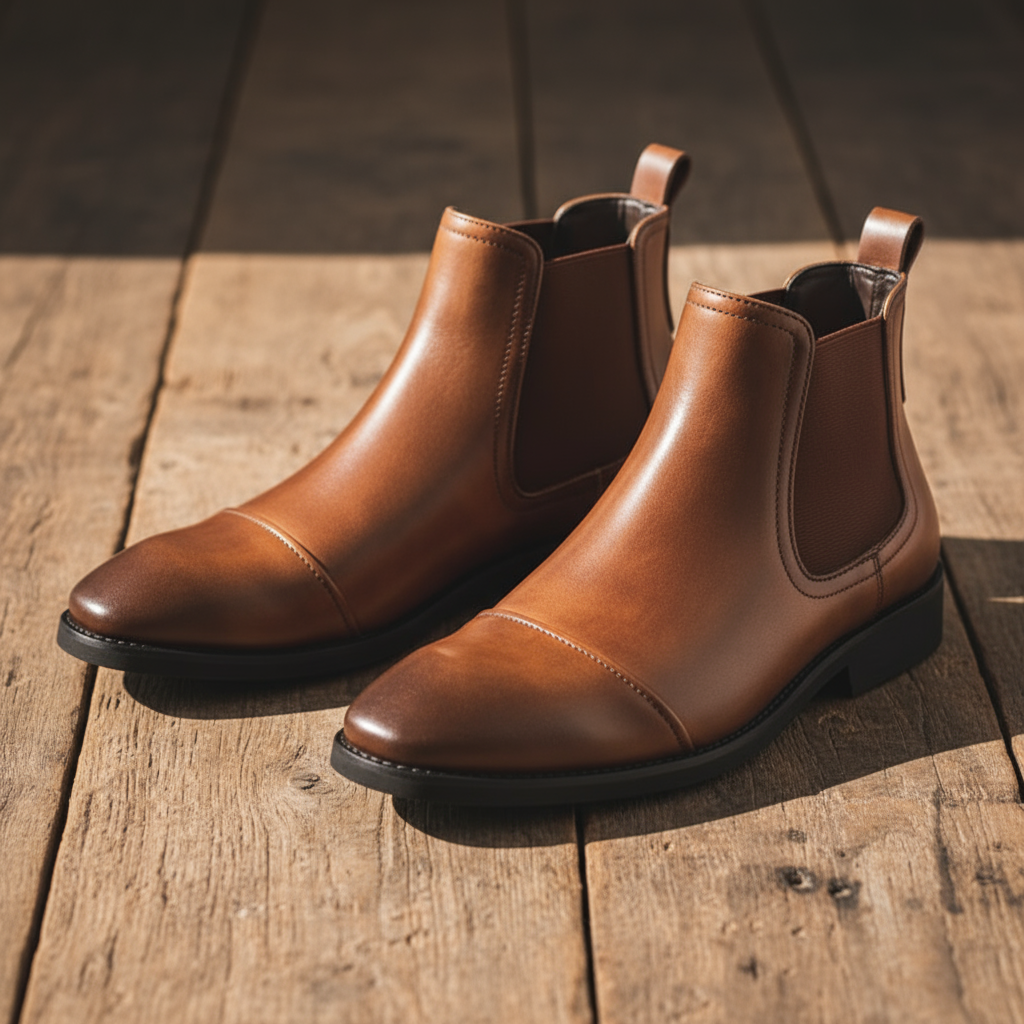 Pair of men's sleek dark brown leather Chelsea boots, showcasing their versatile ankle boot style.
