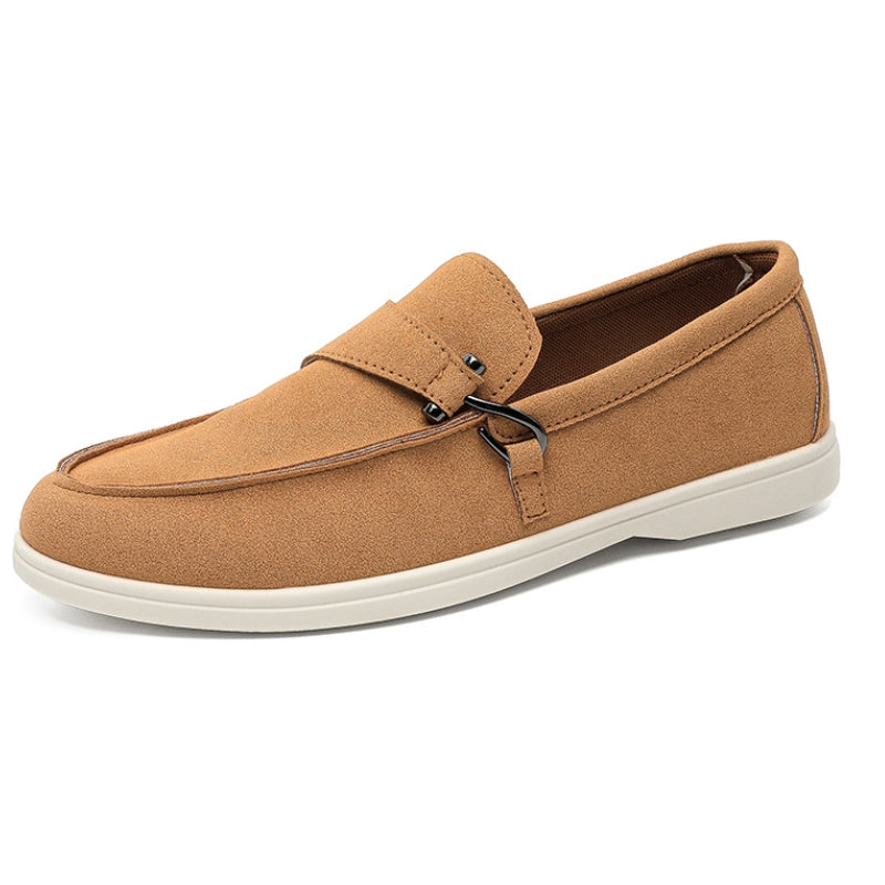 Detail shot of the sole of men's casual loafers, emphasizing comfort and durability