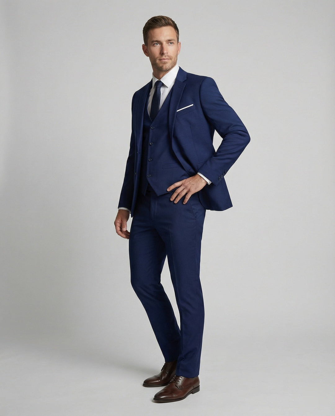 Elegant men's three-piece suit set for weddings, business meetings, and formal events. Professional style.