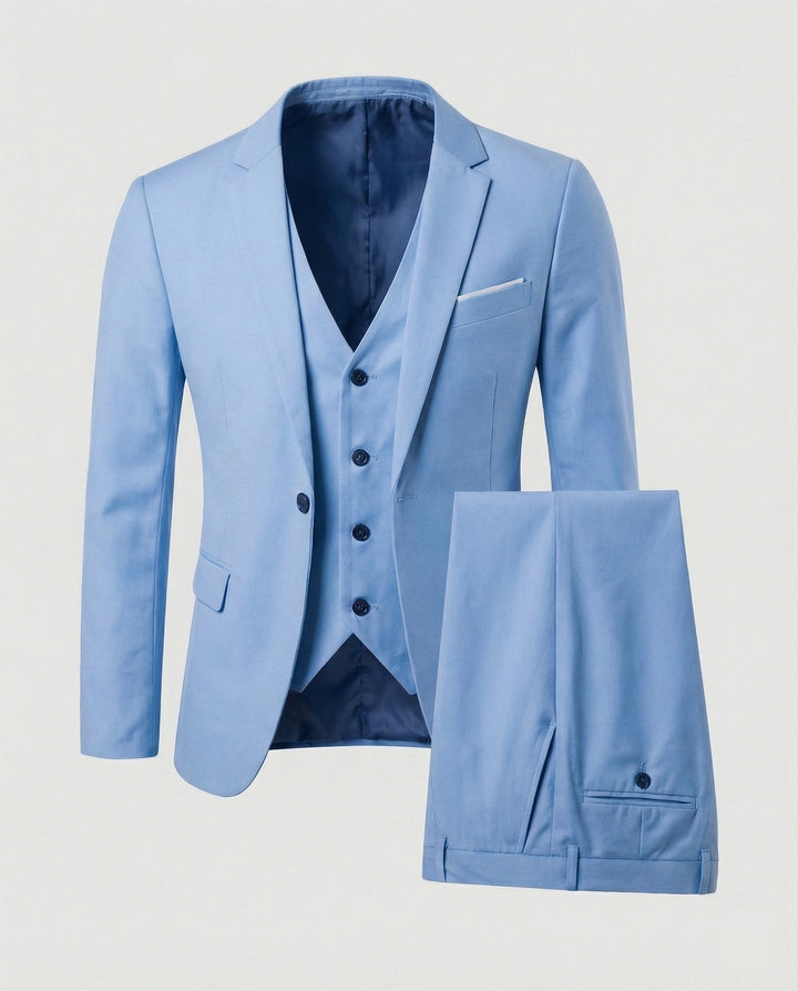 Men's classic three-piece suit set: jacket, vest & trousers. Perfect formal wear for business & weddings.