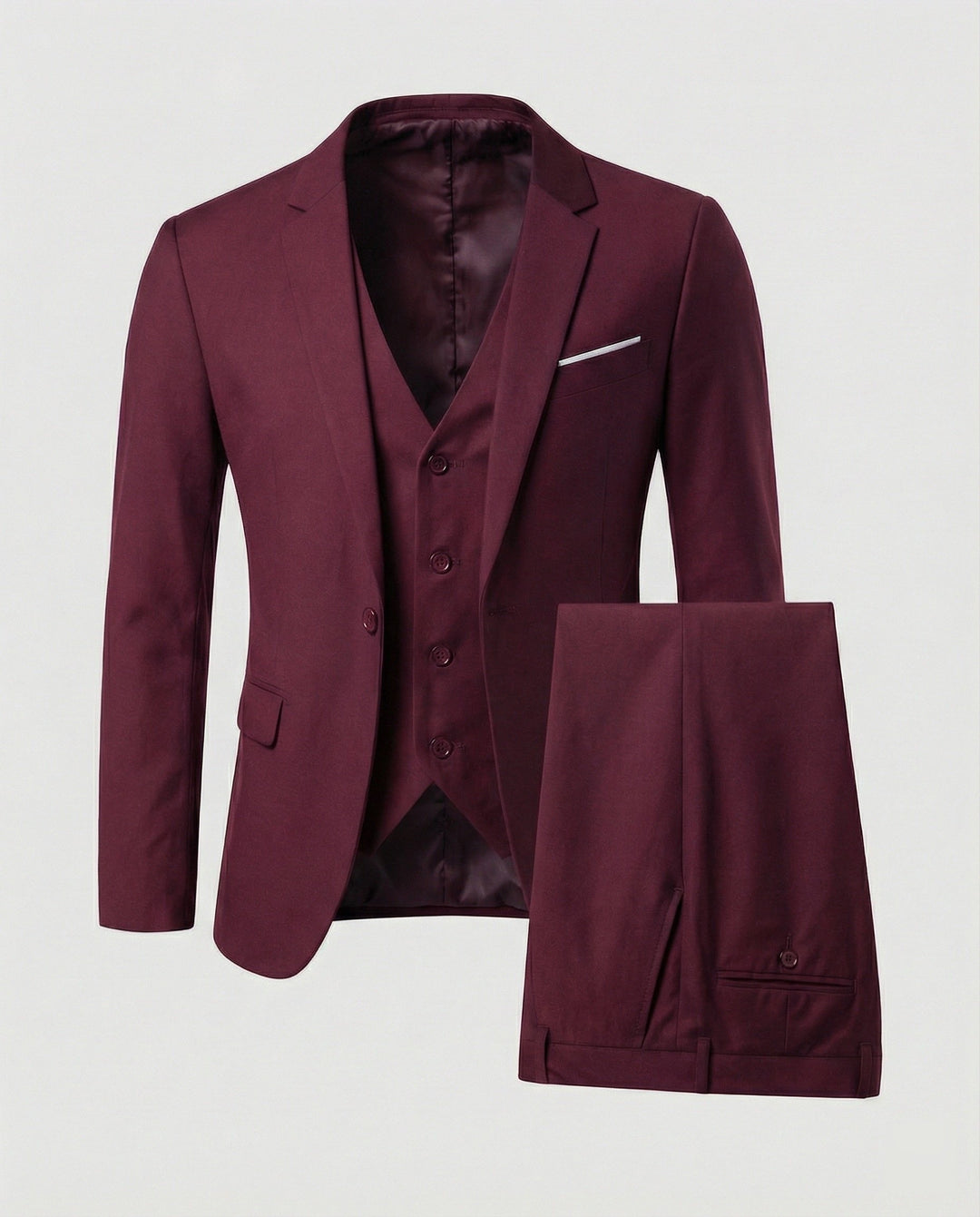 Premium men's three-piece formal suit set. Perfect for grooms, business professionals & upscale events.