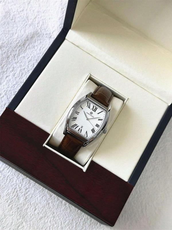 Elegant men's tonneau watch, stainless steel, featuring classic Roman numerals and a sophisticated leather band