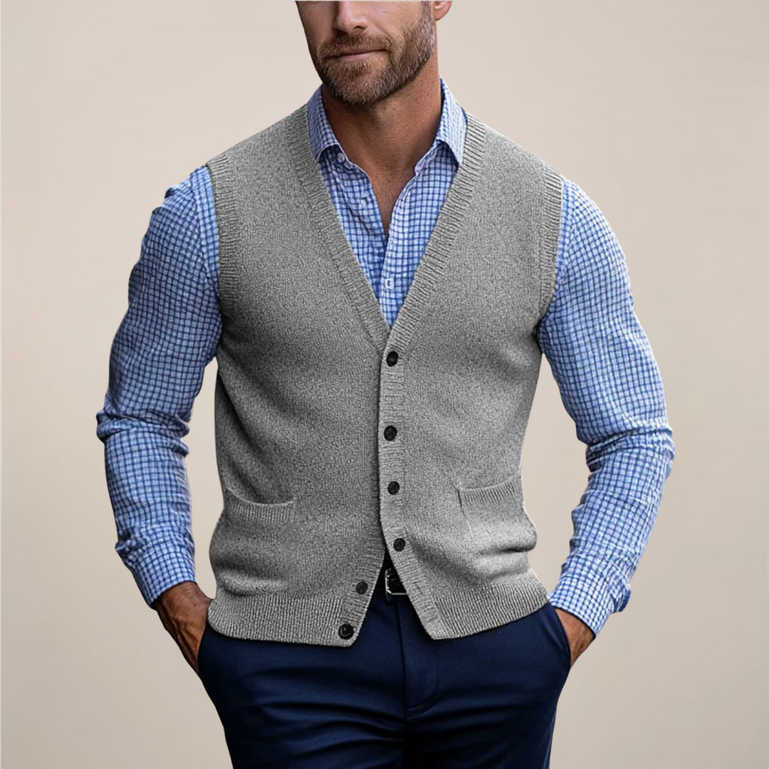 Sophisticated men's buttoned sweater vest, a versatile piece for office or casual smart wear.