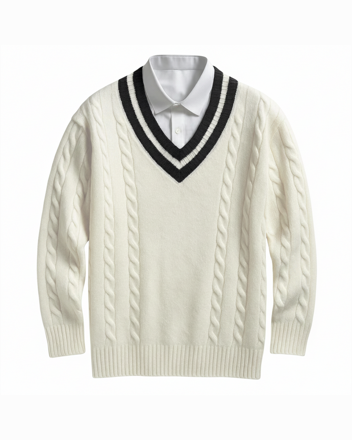 Men's classic V-neck cable knit sweater in a rich solid color, perfect for casual fall wear.