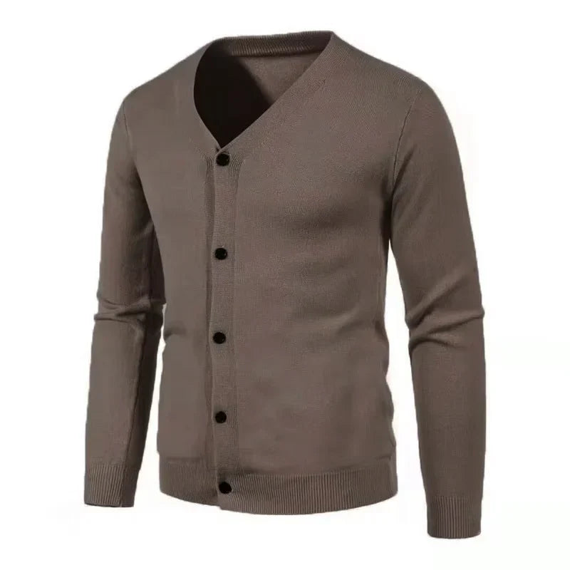 Close-up of a men's V-neck knit sweater showcasing the soft knit and classic style.