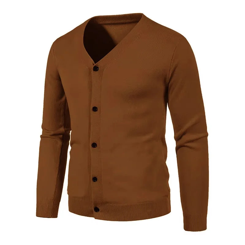 Stylish men's V-neck knit sweater in a neutral color, great for versatile casual outfits.