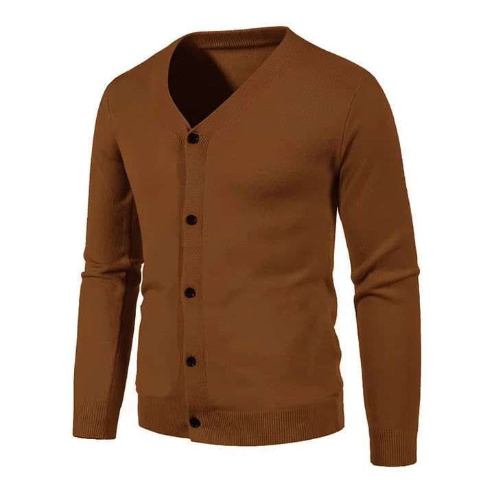 Stylish men's V-neck knit sweater in a neutral color, great for versatile casual outfits.