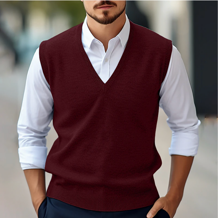 Men's classic V-neck sleeveless sweater vest in versatile gray, perfect for business casual or smart layering.
