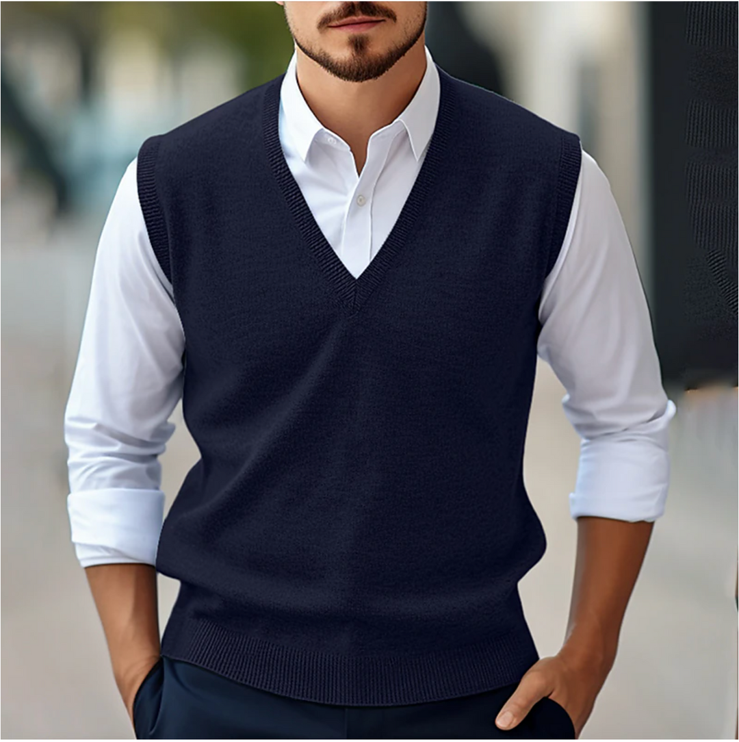 Black men's V-neck sweater vest, a sleek sleeveless layering top for professional or business casual outfits.