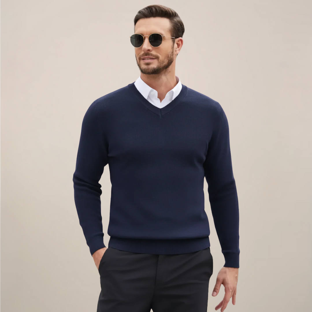 Men's classic V-neck sweater for fall and winter. Comfortable, long-sleeve knit perfect for casual or office wear.