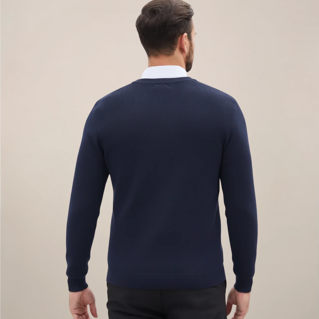 Sophisticated men's V-neck sweater, ideal for fall fashion. Soft knit for comfortable winter layering and timeless style.