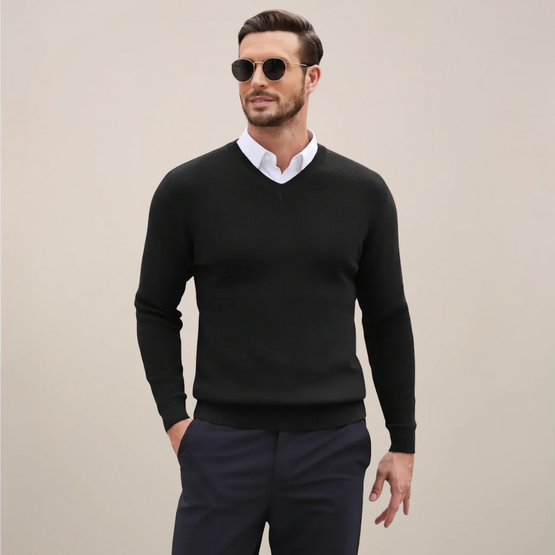 Cozy men's V-neck sweater for ultimate fall and winter comfort. A classic long-sleeve knit, great for sophisticated casual wear.
