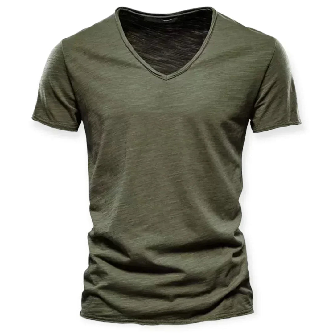 Soft, comfortable men's V-neck shirt for everyday wear. Classic short-sleeve men's fashion apparel.