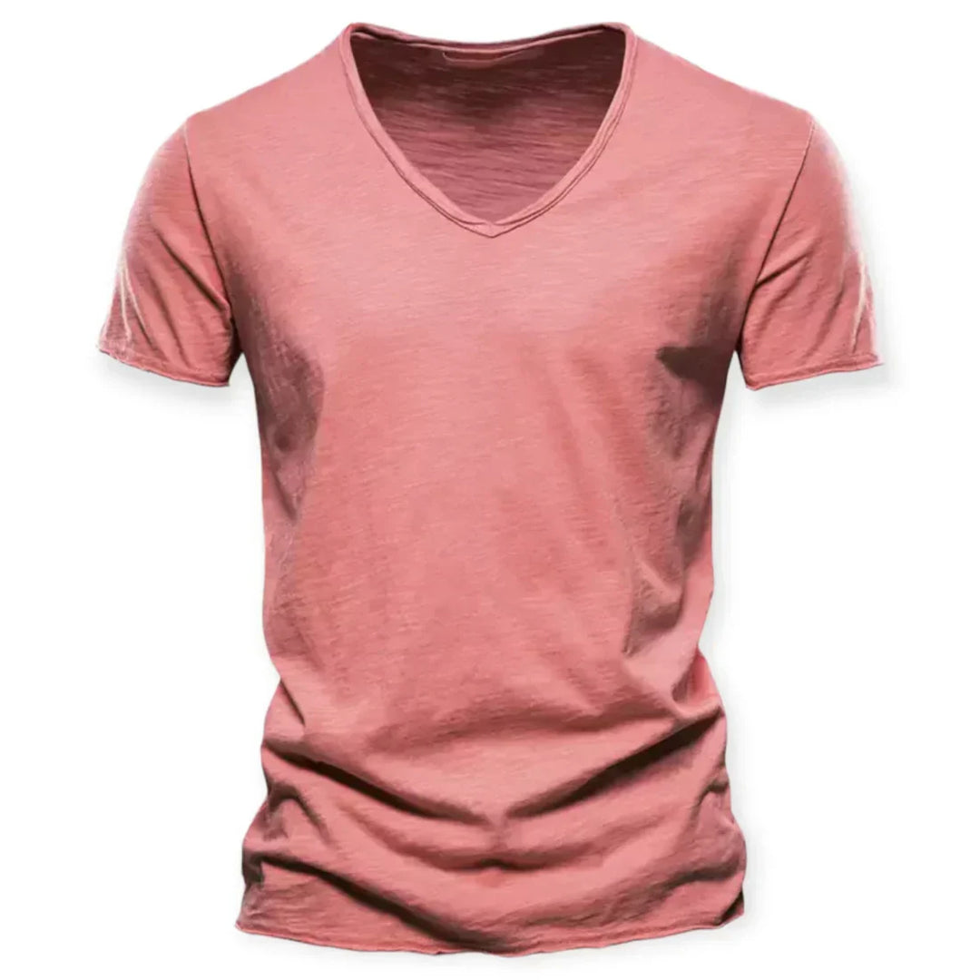 White men's classic V-neck t-shirt, comfortable and stylish for everyday casual apparel.