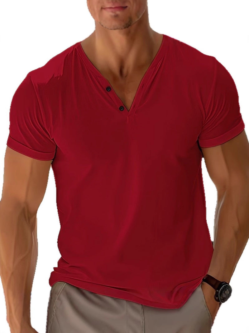 Beige men's V-neck tee, classic short sleeve for minimalist summer fashion & everyday essentials.