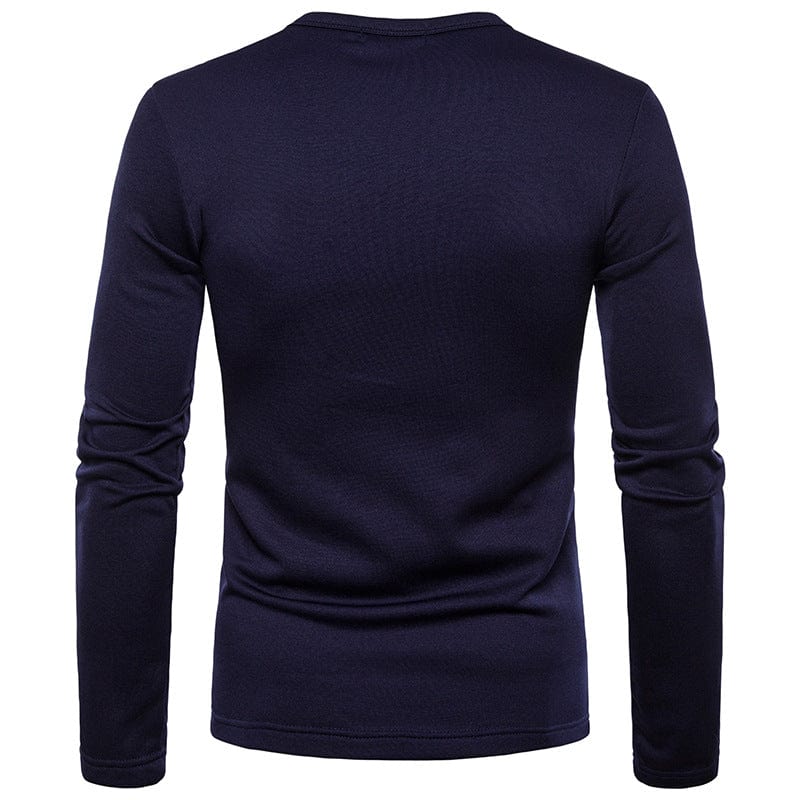 Detail of men's V-neck collar on cotton blend tee, reinforced stitching, lasting quality.