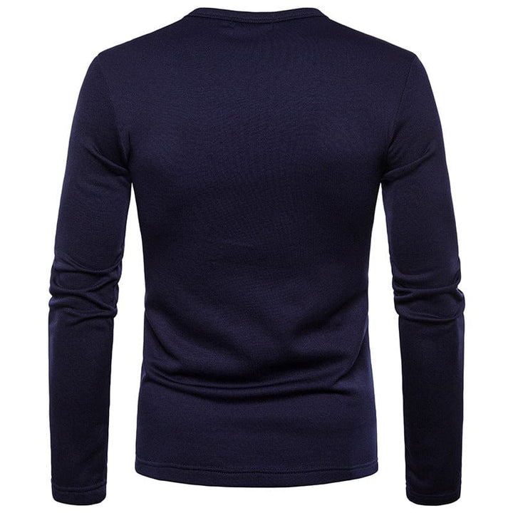 Detail of men's V-neck collar on cotton blend tee, reinforced stitching, lasting quality.