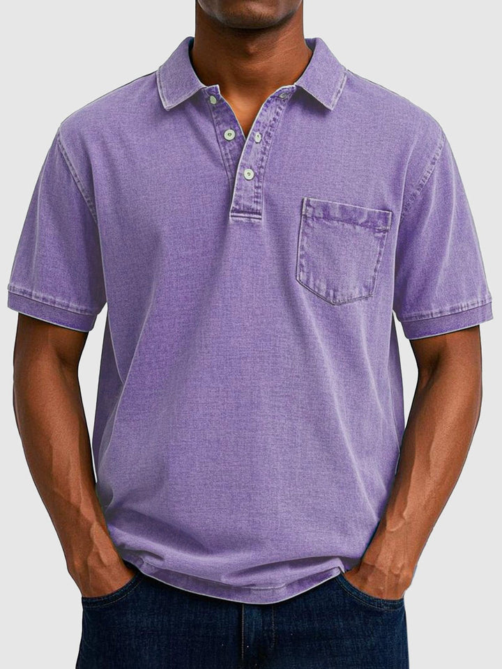 Classic men's everyday polo shirt, comfortable short sleeve design with a trendy washed look.