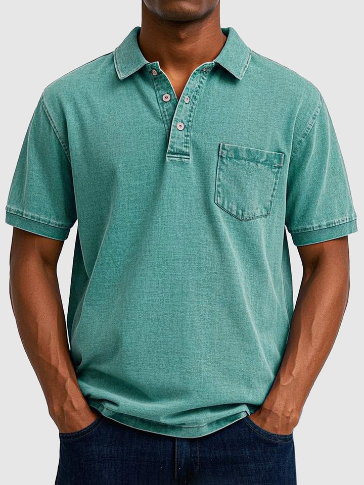 Versatile men's button-down polo top with a washed look, perfect for casual wear.