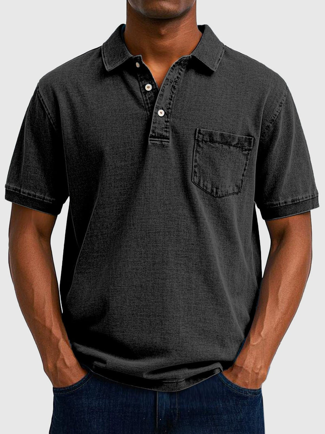 Washed look men's polo top, short sleeve, button-down, offering casual everyday comfort.