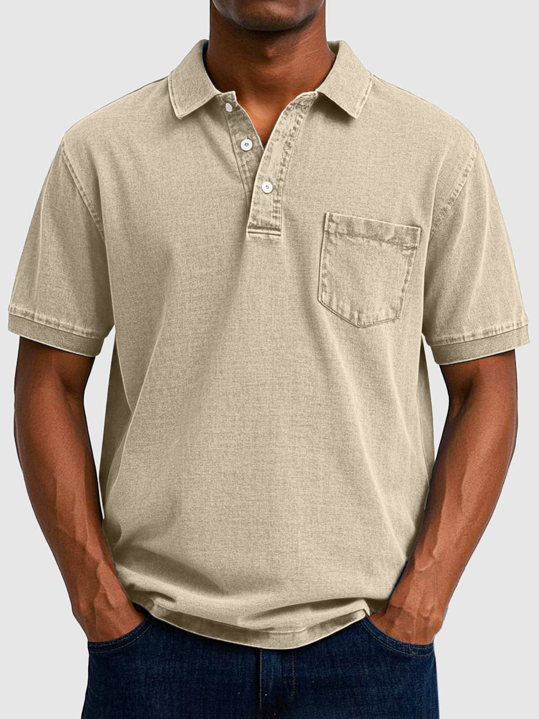 Men's casual summer polo shirt, classic washed style, button-down, versatile and comfy apparel.
