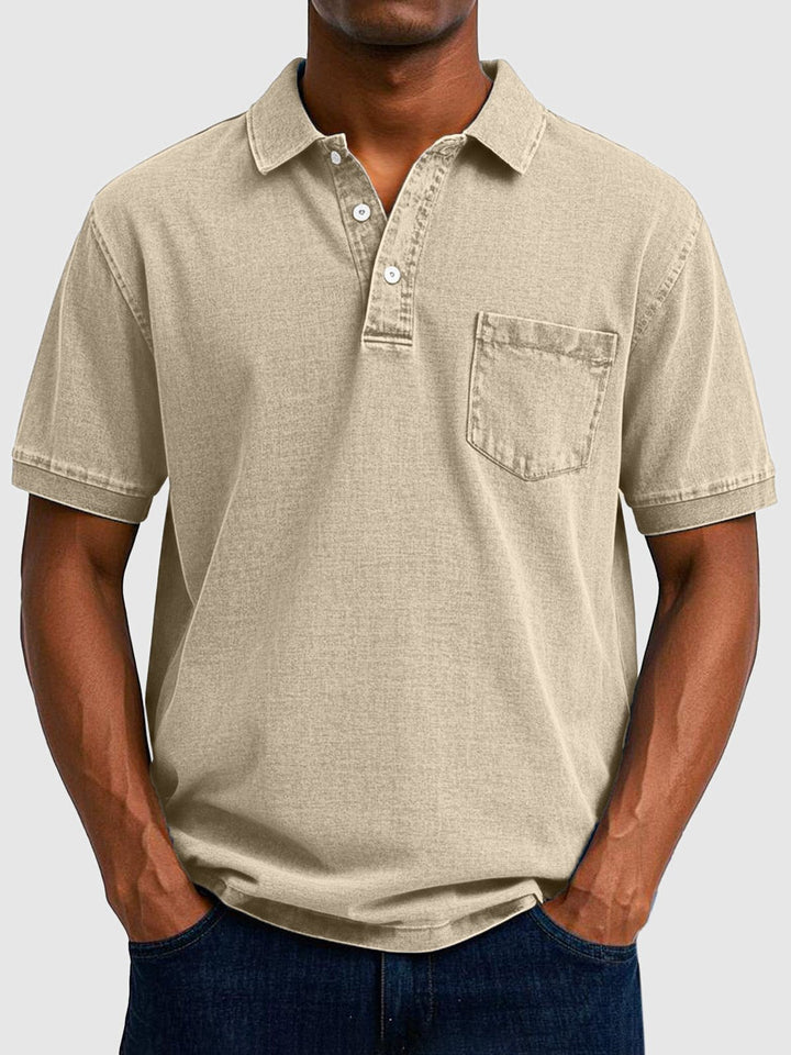Men's casual summer polo shirt, classic washed style, button-down, versatile and comfy apparel.