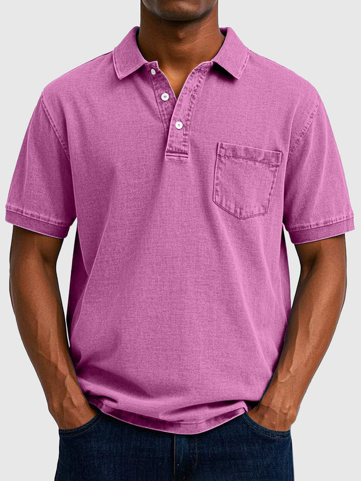 Short sleeve men's polo top in a washed look, classic design for comfortable everyday wear.