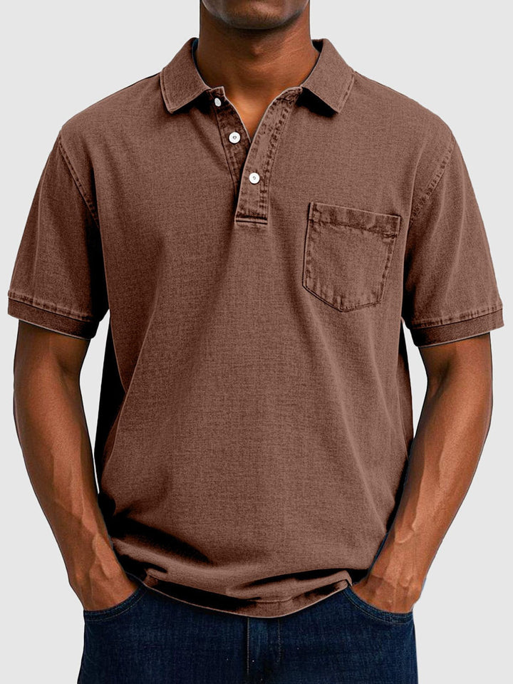 Stylish men's washed look polo shirt, short sleeve, button-down, ideal for versatile summer casual.