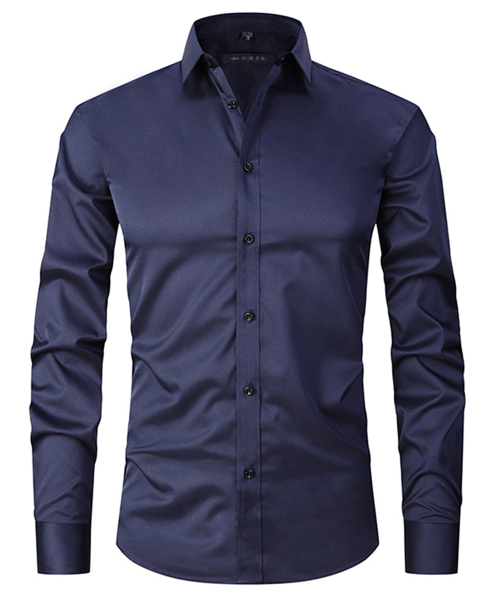 Close-up of a men's gray long-sleeve button-up shirt, showing fabric texture and pocket detail.