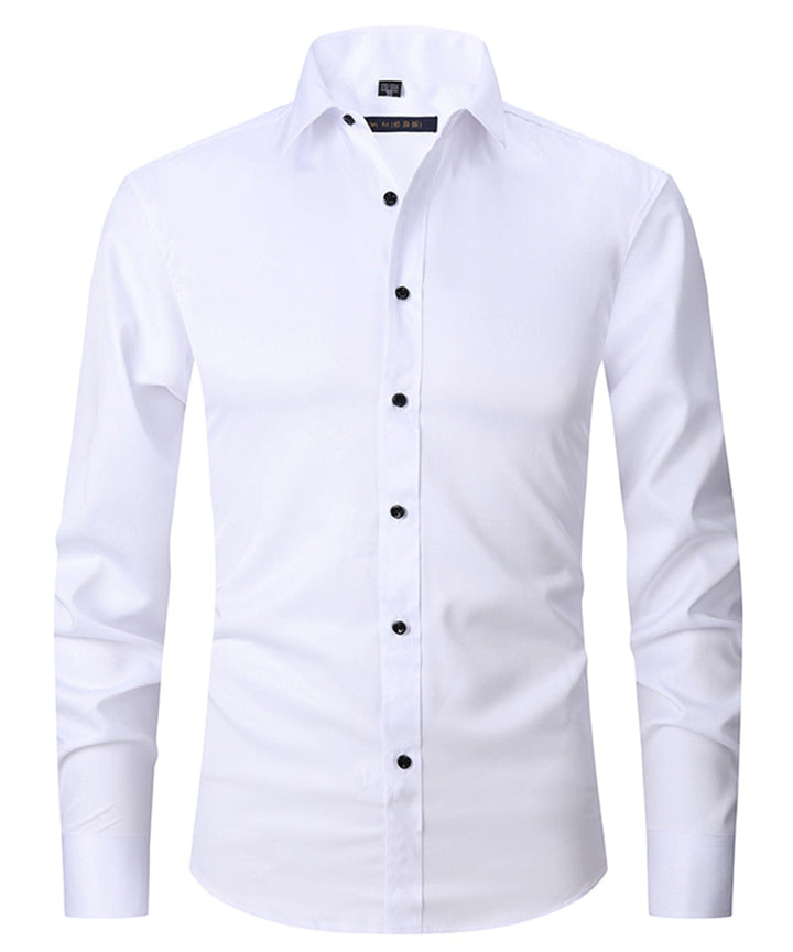 Stack of folded men's everyday button-up shirts in various colors, each with a functional pocket.