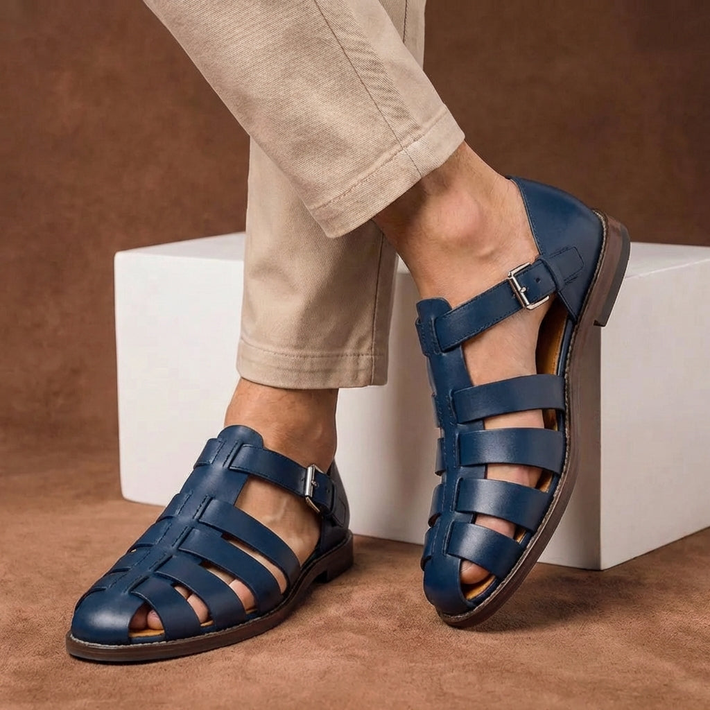 Men's closed-toe buckle strap fisherman sandals for summer walking & outdoor comfort and style.