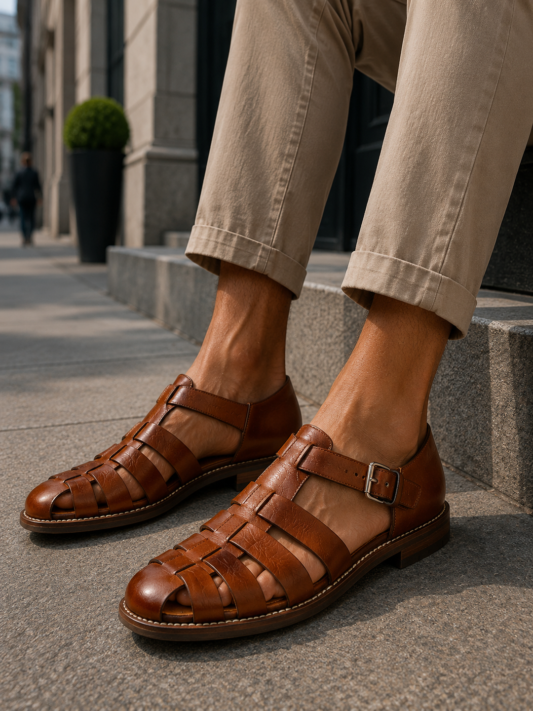 Comfortable men's closed-toe fisherman sandals with secure buckle, ideal for everyday summer use.