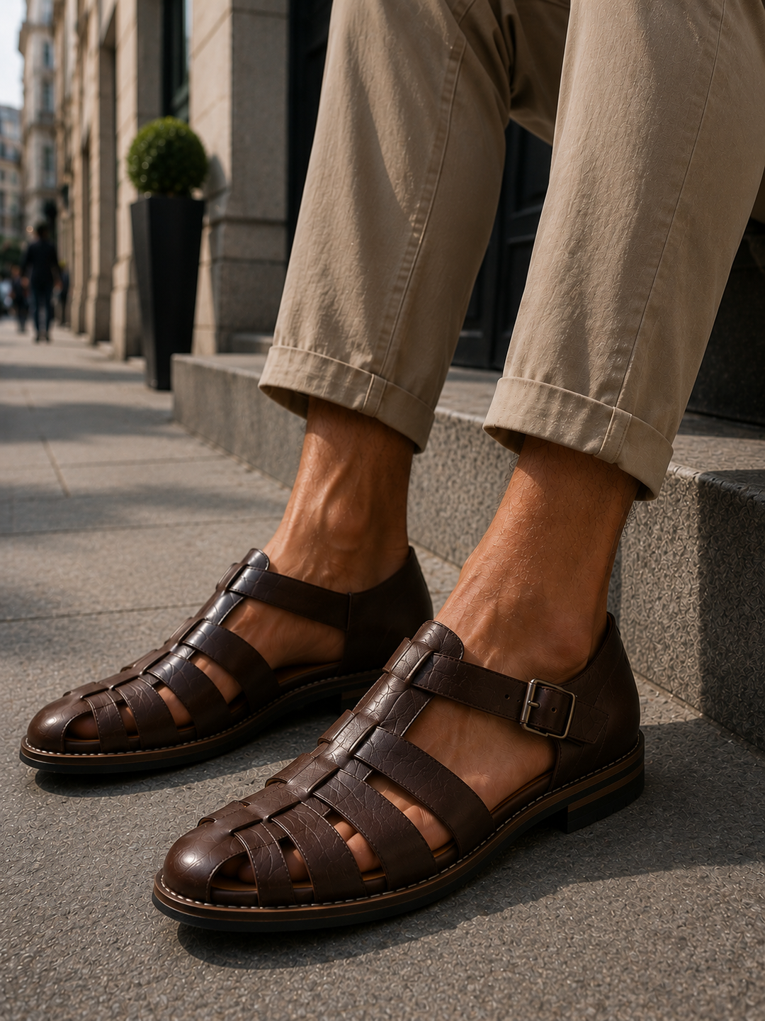 Stylish men's closed-toe fisherman sandals with buckle closure, great for summer casual and everyday wear.