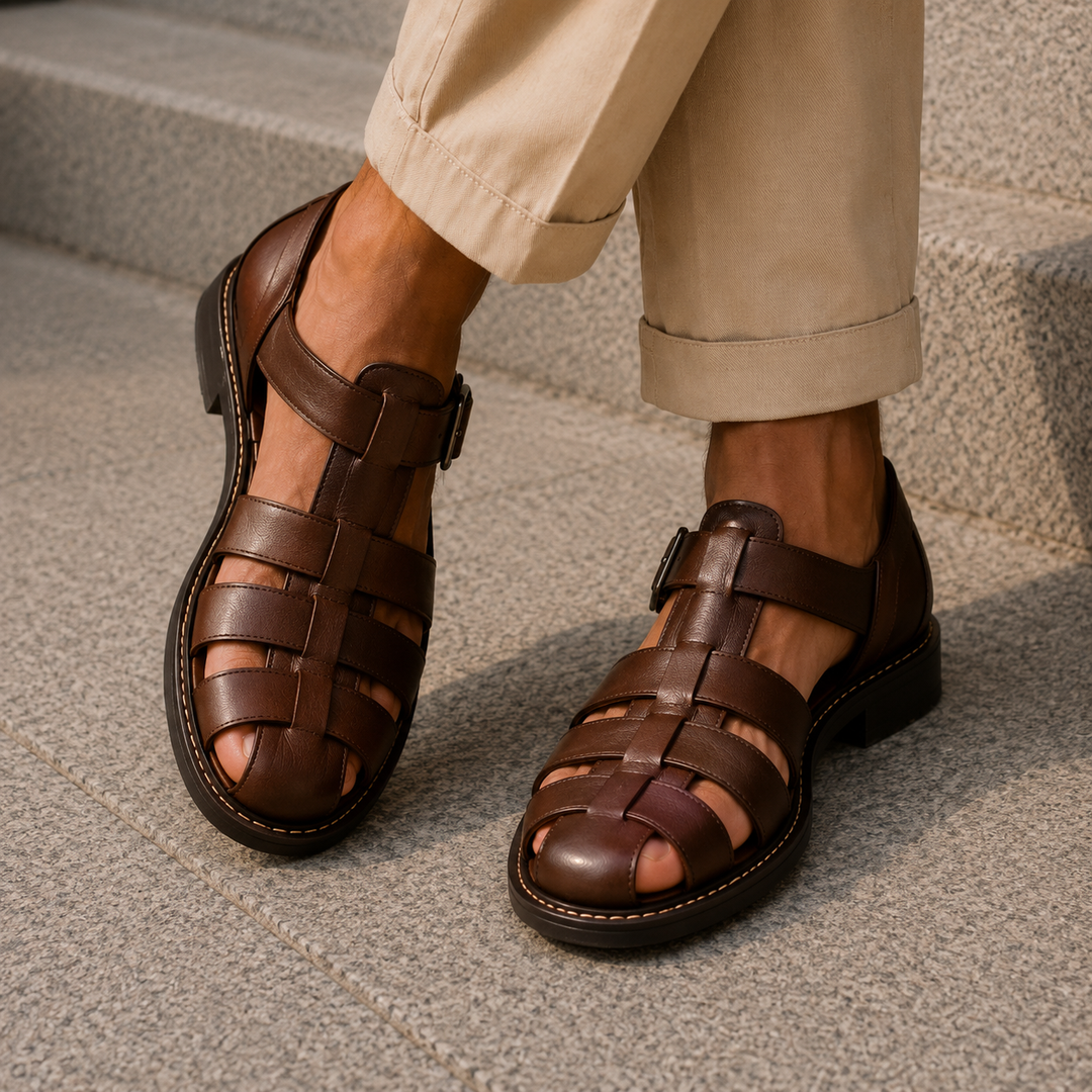Versatile men's closed-toe fisherman sandals with sturdy buckle, perfect for casual summer outdoor adventures.