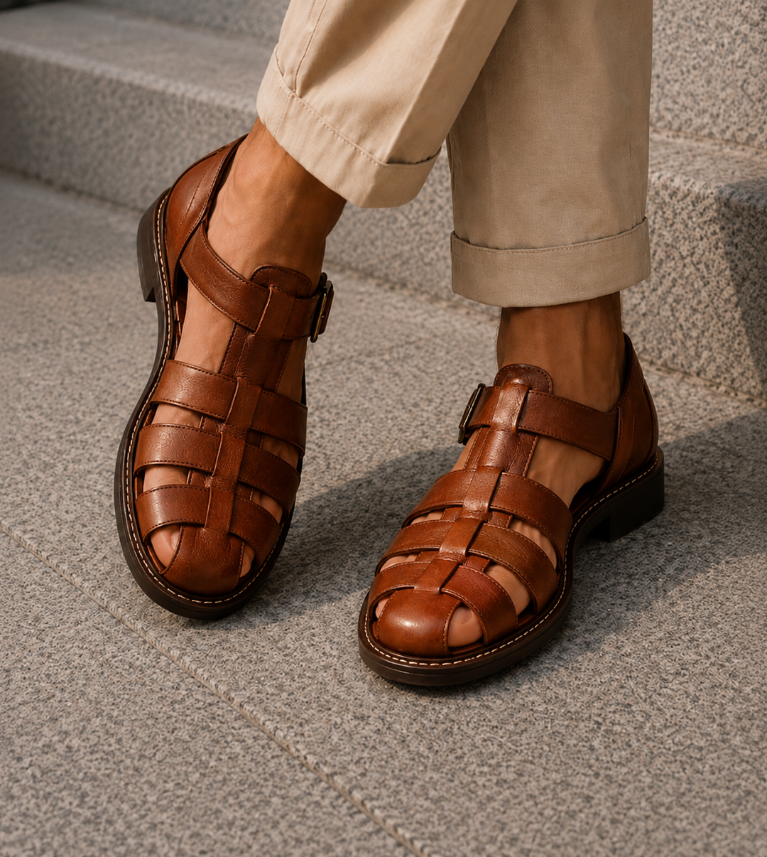 Men's outdoor fisherman sandals, closed-toe and buckle fastening for ultimate summer walking comfort.