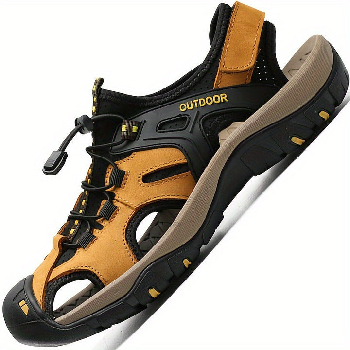 Men's closed-toe hiking sandals for trails. Adjustable fit, water-friendly outdoor footwear, perfect for summer adventure.