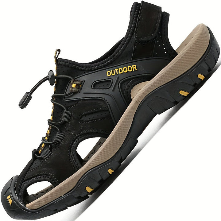 Detail of adjustable strap men's hiking sandals. Closed-toe for protection, secure fit outdoor trail & water footwear.
