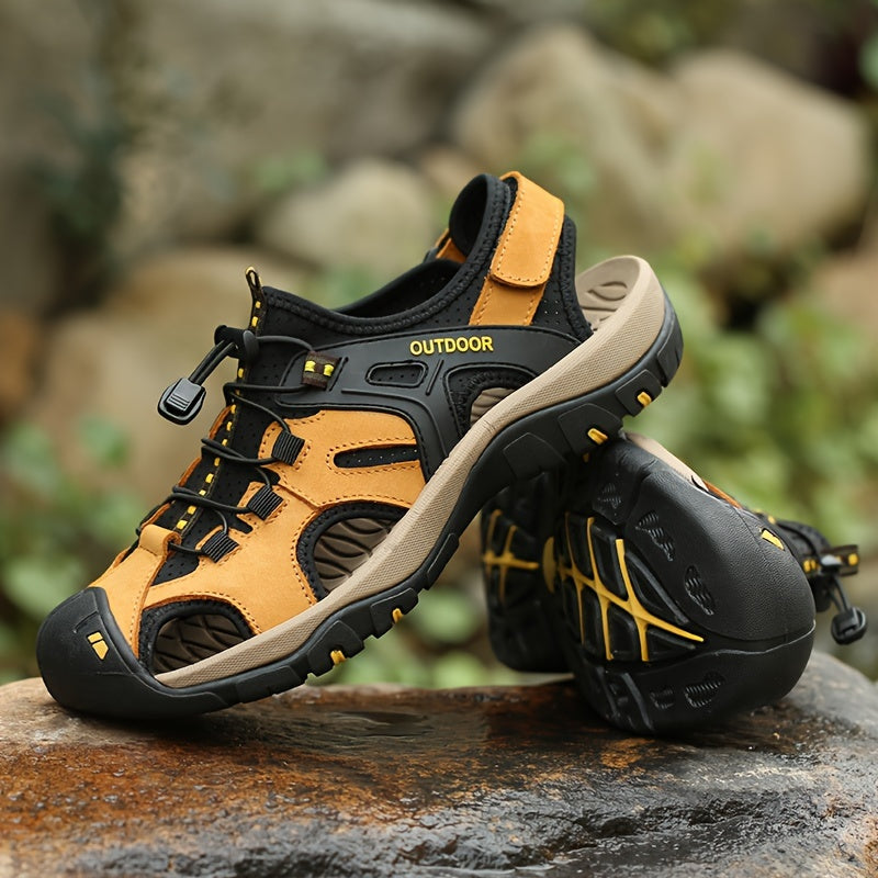 Men's closed-toe hiking sandals with sturdy sole for grip on trails. Adjustable adventure water sandals.